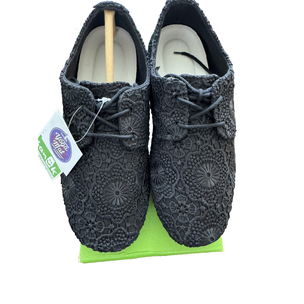 Sanuk Bianca Crochet Shoes Womens Size 5 Black Lace Up Casual Yoga Mat Comfort